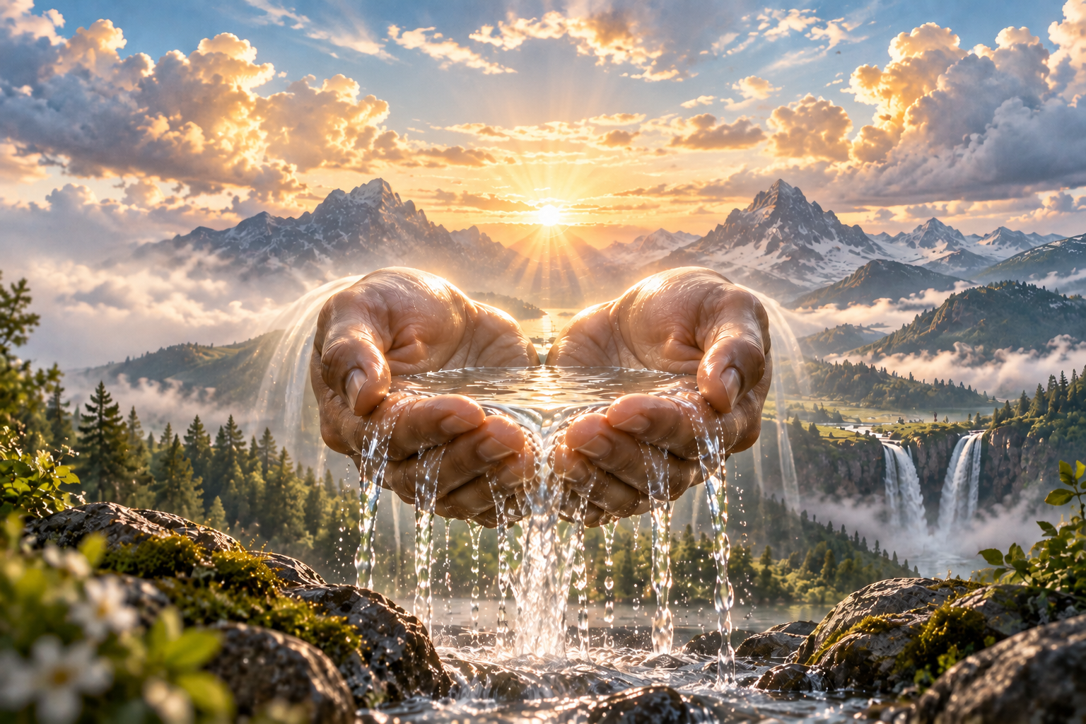 Cupped hands spilling clear water into a stream, surrounded by mountains and greenery at sunrise